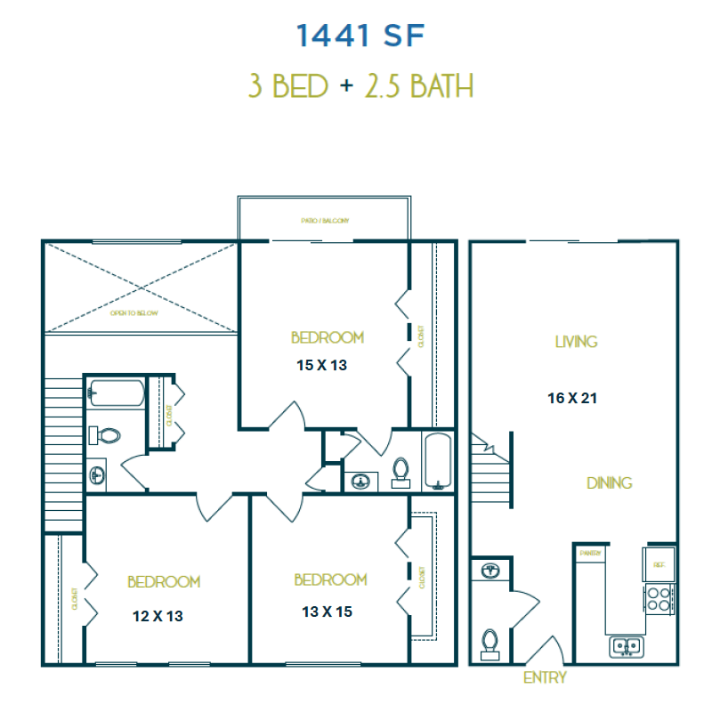 Three Bedroom 2.5 Bath TH floor plan